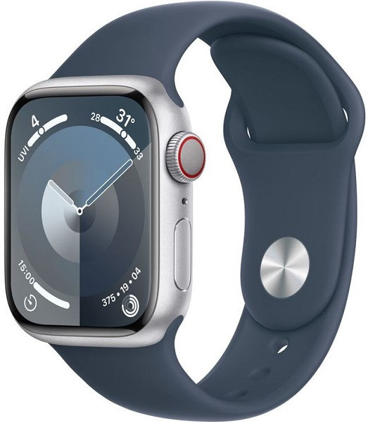 Apple Watch Series 9 GPS 45mm Silver Aluminium Case with M/L Blue Sport Band