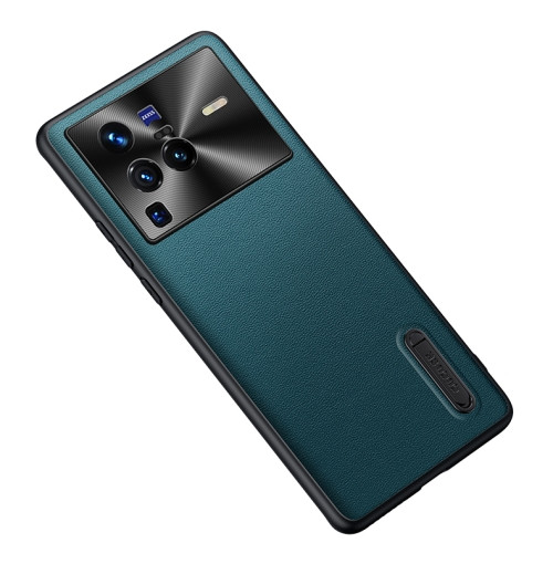 Folding Holder Plain Leather Phone Case for Vivo X80 Pro (Green)