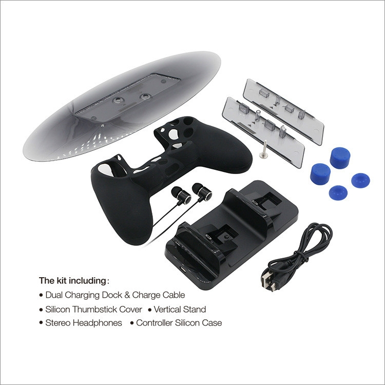 Super Game Kit for PS4/Slim/Pro Series, Dual Charging Dock + Charge Cable + Stereo Headphones + Silicone Thumbstick Cover + Vertical Stand + Controller Silicon Case